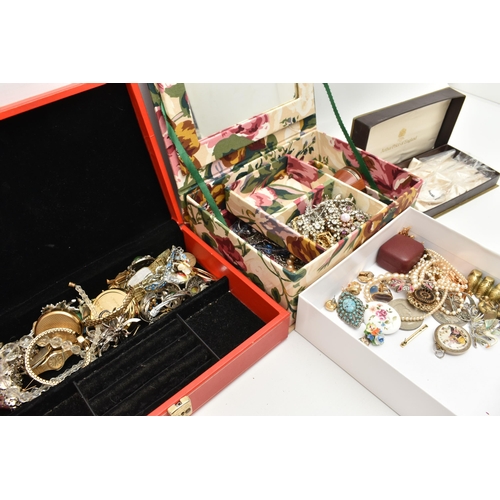 117 - A BOX OF ASSORTED ITEMS, to include two jewellery boxes of costume jewellery and watches, including ... 