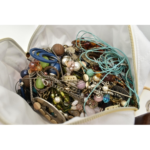 118 - A BOX OF ASSORTED COSTUME JEWELLERY, two bags of assorted beaded necklaces, chains, clip on earrings... 