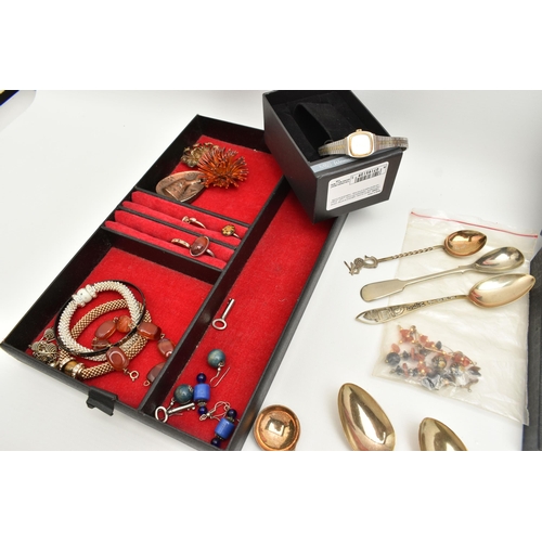 119 - A BOX OF ASSORTED ITEMS, to include a jewellery box of assorted costume jewellery, a ladies quartz w... 