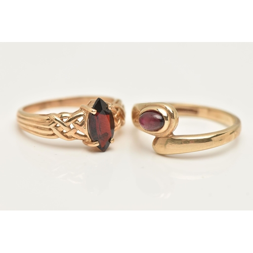 78 - TWO 9CT GOLD GEM SET RINGS, the first set with a marquise cut garnet four claw set to the Celtic pat... 