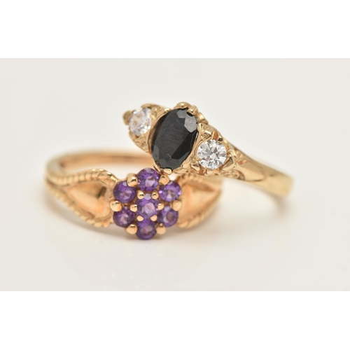 79 - TWO 9CT GOLD GEM SET RINGS, the first an amethyst flower cluster ring, hallmarked 9ct Sheffield, rin... 