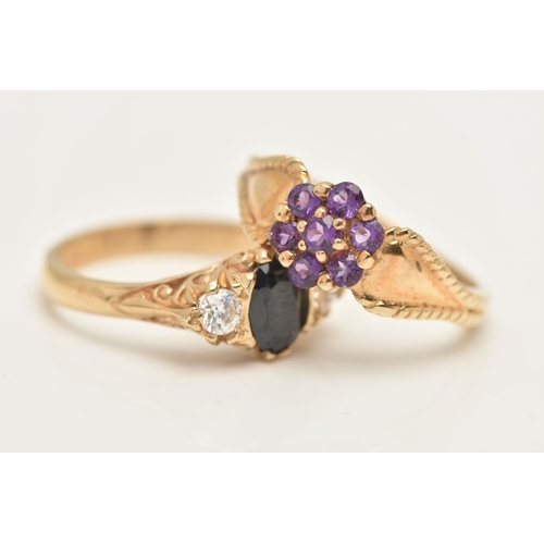 79 - TWO 9CT GOLD GEM SET RINGS, the first an amethyst flower cluster ring, hallmarked 9ct Sheffield, rin... 