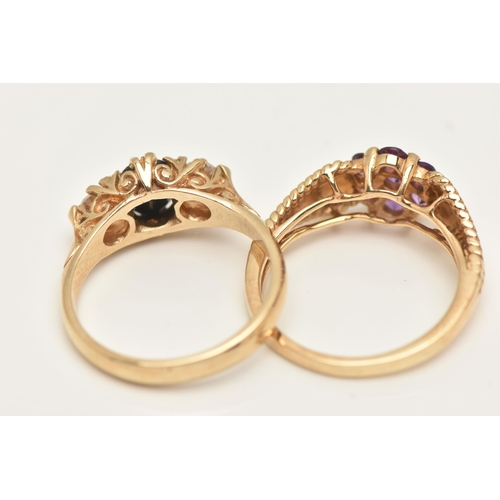 79 - TWO 9CT GOLD GEM SET RINGS, the first an amethyst flower cluster ring, hallmarked 9ct Sheffield, rin... 