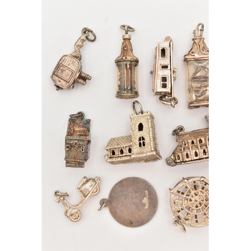 81 - ASSORTED WHITE METAL CHARMS, in various forms to include church, boots, houses, shell, tankard, St. ... 