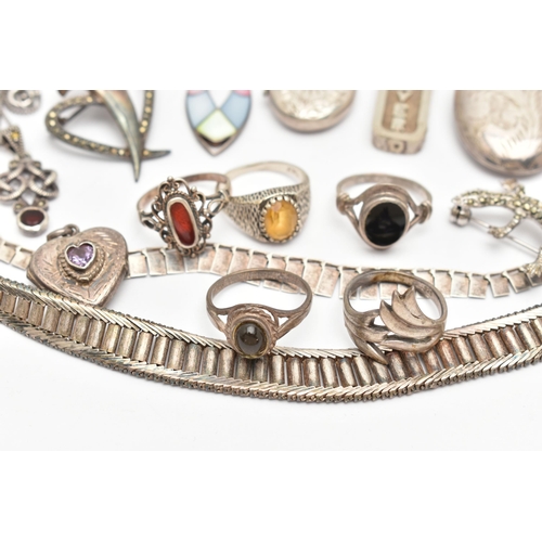 83 - AN ASSORTMENT OF SILVER AND WHITE METAL JEWELLERY, to include a heavy collar style necklace, hallmar... 