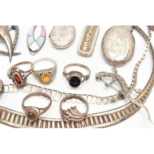 83 - AN ASSORTMENT OF SILVER AND WHITE METAL JEWELLERY, to include a heavy collar style necklace, hallmar... 