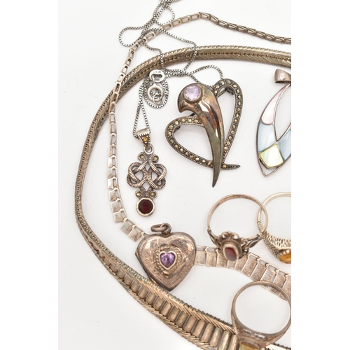 83 - AN ASSORTMENT OF SILVER AND WHITE METAL JEWELLERY, to include a heavy collar style necklace, hallmar... 