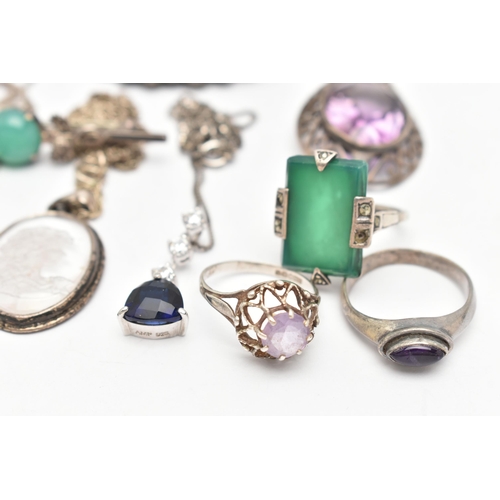 85 - A BAG OF ASSORTED JEWELLERY, to include a silver amethyst ring, hallmarked Sheffield, a white metal ... 