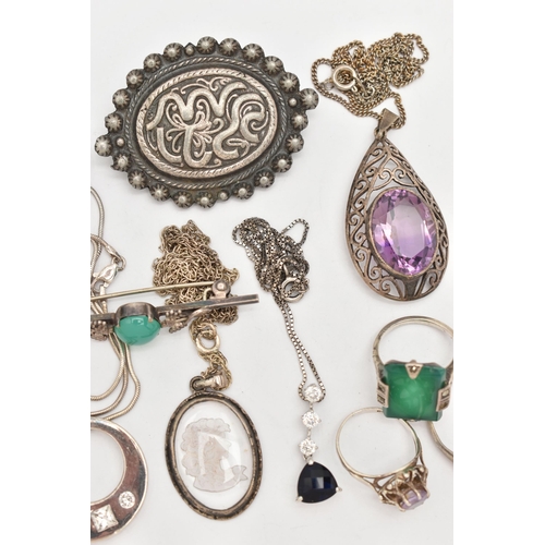 85 - A BAG OF ASSORTED JEWELLERY, to include a silver amethyst ring, hallmarked Sheffield, a white metal ... 