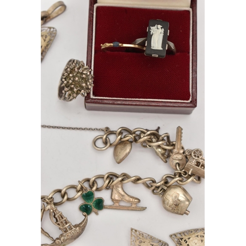 86 - AN ASSORTMENT OF JEWELLERY, to include an AF ring, hallmarked 9ct Birmingham import, approximate gro... 