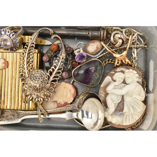 88 - A SMALL BOX OF ASSORTED ITEMS, to include a white metal and fluorite pendant, an AF Scottish white m... 