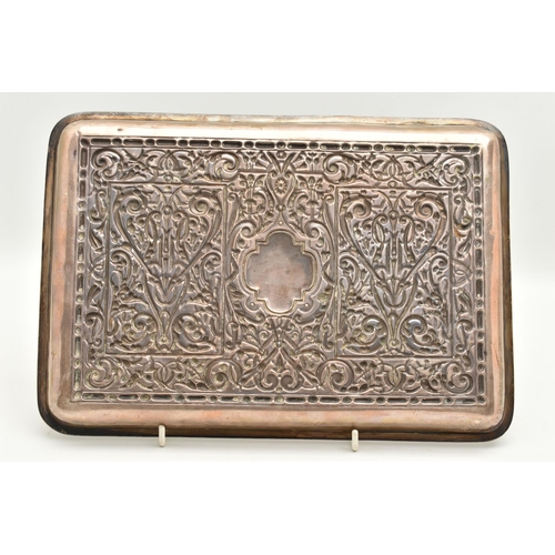 95 - AN EARLY 20TH CENTURY SILVER EMBOSSED TRAY, of a rectangular form with embossed design, vacant carto... 