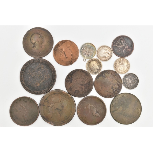 127 - A SMALL BAG OF COINS, five early 20th century Three Pence coins (one coin mounted with a small bail)... 