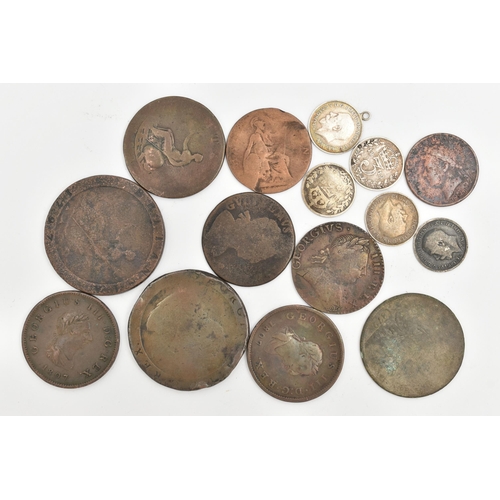 127 - A SMALL BAG OF COINS, five early 20th century Three Pence coins (one coin mounted with a small bail)... 