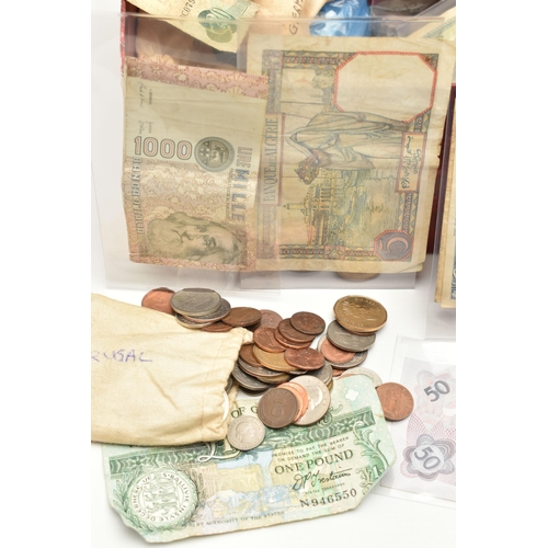 137 - A BOX CONTAINING MIXED COINS AND BANKNOTES, to include mixed banknotes Straits settlements July 1941... 