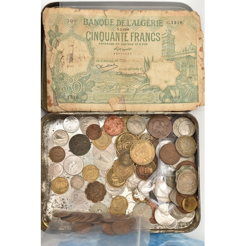 137 - A BOX CONTAINING MIXED COINS AND BANKNOTES, to include mixed banknotes Straits settlements July 1941... 