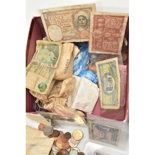 137 - A BOX CONTAINING MIXED COINS AND BANKNOTES, to include mixed banknotes Straits settlements July 1941... 