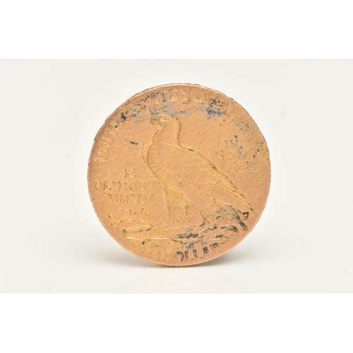 140 - A DAMAGED USA $2 1/2 GOLD COIN 1909, WITH A BOX CONTAINING MIXED COINS AND BANKNOTES, the gold coin ... 