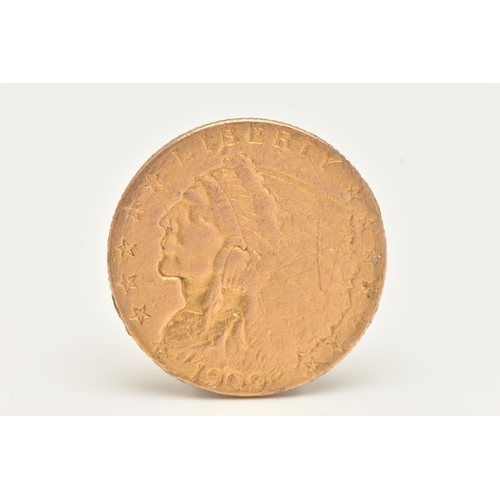 140 - A DAMAGED USA $2 1/2 GOLD COIN 1909, WITH A BOX CONTAINING MIXED COINS AND BANKNOTES, the gold coin ... 