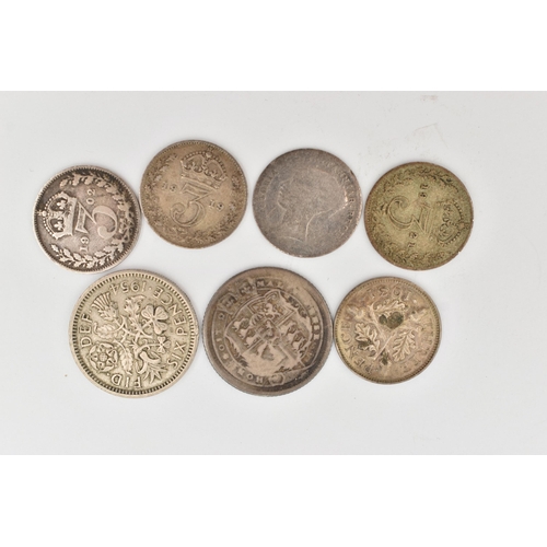 144 - A SMALL ASSORTMENT OF COINS, to include a very worn Victoria Three pence, an Edward VII 1902 Three p... 