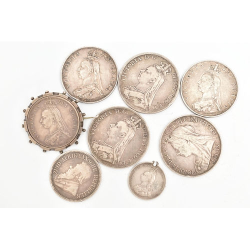 145 - A GROUP OF MAINLY UK SILVER COINS, to include 2x 1889 Crown coins, 1900 LX1V Crown, 1887, 1890 Doubl... 