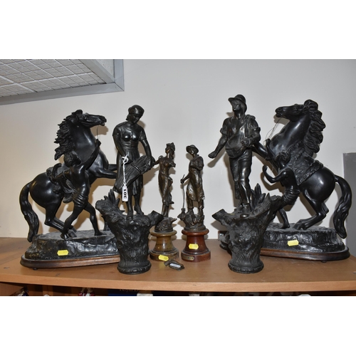 301 - A GROUP OF SPELTER FIGURES, to include a pair of marly horses, painted black, in mould Cousteau sign... 