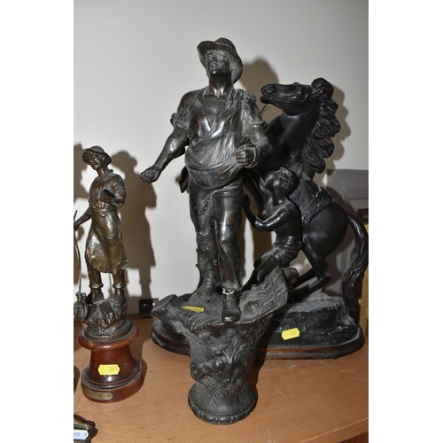 301 - A GROUP OF SPELTER FIGURES, to include a pair of marly horses, painted black, in mould Cousteau sign... 