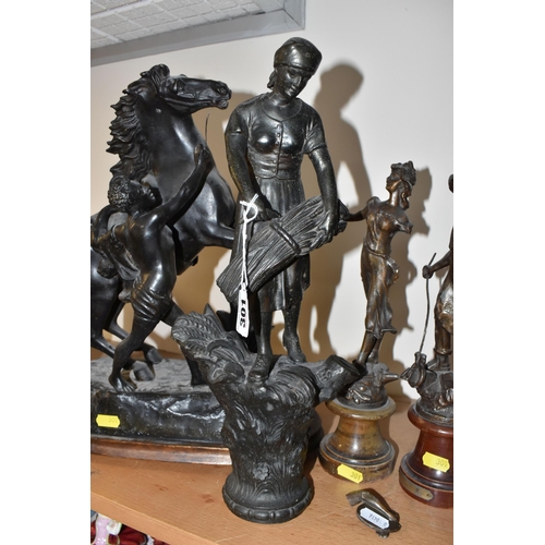 301 - A GROUP OF SPELTER FIGURES, to include a pair of marly horses, painted black, in mould Cousteau sign... 