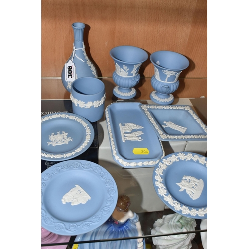 306 - NINE PIECES OF BLUE WEDGWOOD 'JASPERWARE' GIFTWARE to include three circular trinket dishes to inclu... 