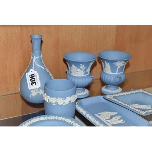 306 - NINE PIECES OF BLUE WEDGWOOD 'JASPERWARE' GIFTWARE to include three circular trinket dishes to inclu... 