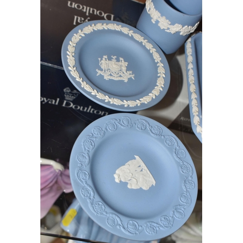 306 - NINE PIECES OF BLUE WEDGWOOD 'JASPERWARE' GIFTWARE to include three circular trinket dishes to inclu... 