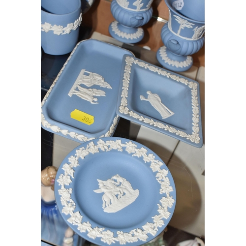 306 - NINE PIECES OF BLUE WEDGWOOD 'JASPERWARE' GIFTWARE to include three circular trinket dishes to inclu... 