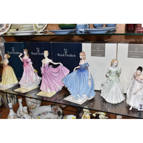 310 - A GROUP OF SIX BOXED ROYAL DOULTON FIGURINES to include 'Danielle' HN3001 (evidence of writing to th... 