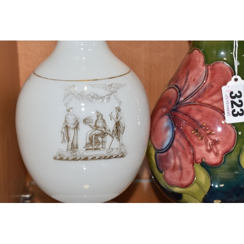 323 - A MOORCROFT POTTERY 'HIBISCUS' PATTERN LAMP BASE, together with a transfer printed milk glass vase, ... 