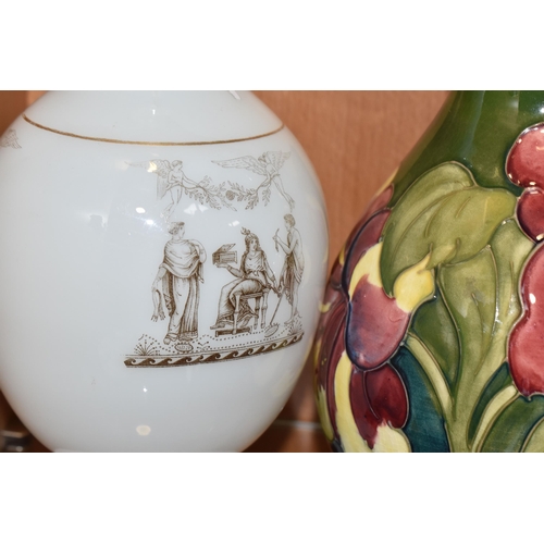 323 - A MOORCROFT POTTERY 'HIBISCUS' PATTERN LAMP BASE, together with a transfer printed milk glass vase, ... 