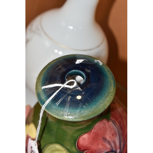 323 - A MOORCROFT POTTERY 'HIBISCUS' PATTERN LAMP BASE, together with a transfer printed milk glass vase, ... 