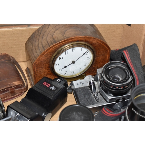 326 - A BOX OF VINTAGE CAMERAS AND SUPPLIES to include a Praktica LTL 3 fitted with a Carl Zeiss Jena DDR ... 