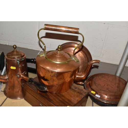 334 - A BOX AND LOOSE MIXED METALWARE to include two copper warming pans, a copper tea pot and coffee pot ... 