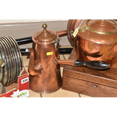 334 - A BOX AND LOOSE MIXED METALWARE to include two copper warming pans, a copper tea pot and coffee pot ... 