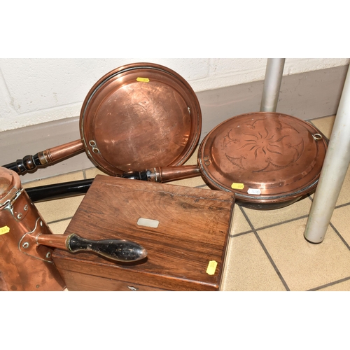 334 - A BOX AND LOOSE MIXED METALWARE to include two copper warming pans, a copper tea pot and coffee pot ... 