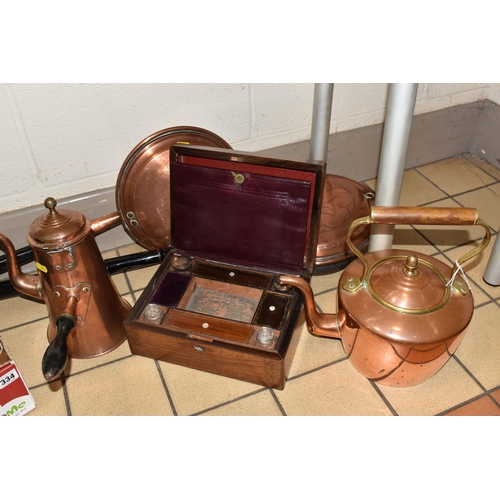 334 - A BOX AND LOOSE MIXED METALWARE to include two copper warming pans, a copper tea pot and coffee pot ... 