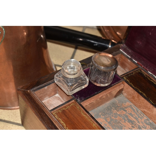 334 - A BOX AND LOOSE MIXED METALWARE to include two copper warming pans, a copper tea pot and coffee pot ... 