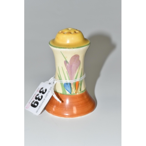 339 - A CLARICE CLIFF 'CROCUS' PATTERN PEPPER POT, of waisted form, painted with orange, blue and lilac cr... 