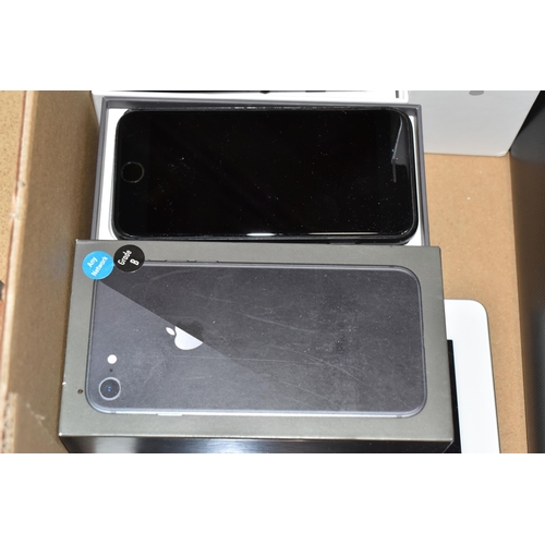 344 - A BOX OF ELECTRONIC ITEMS, to include two boxed iPhones: a grey 16GB iPhone 6, model A1778, and a bl... 