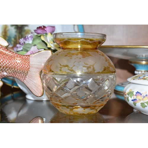 348 - A GROUP OF CERAMICS AND GLASS WARE, to include a Royal Crown Derby Golden Carp paperweight (second q... 