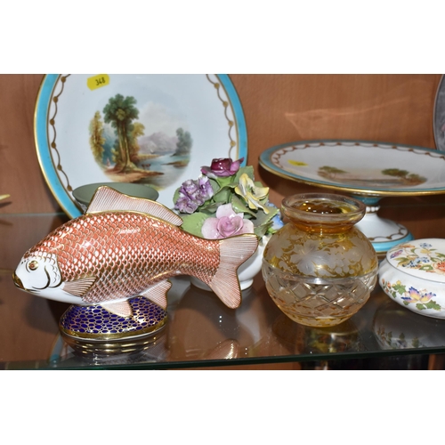 348 - A GROUP OF CERAMICS AND GLASS WARE, to include a Royal Crown Derby Golden Carp paperweight (second q... 