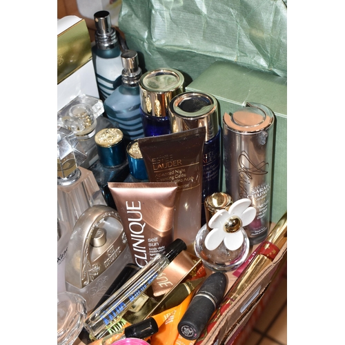 350 - A BOX AND LOOSE PERFUME BOTTLES AND COSMETICS, to include empty perfume bottles: Jean Paul Gaultier ... 