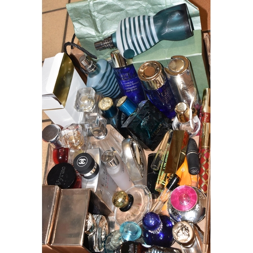 350 - A BOX AND LOOSE PERFUME BOTTLES AND COSMETICS, to include empty perfume bottles: Jean Paul Gaultier ... 