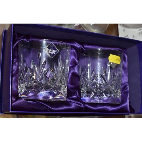 359 - A GROUP OF GLASSWARE a boxed pair of Edinburgh Crystal tumblers, a boxed crystal cut Edinburgh Inter... 