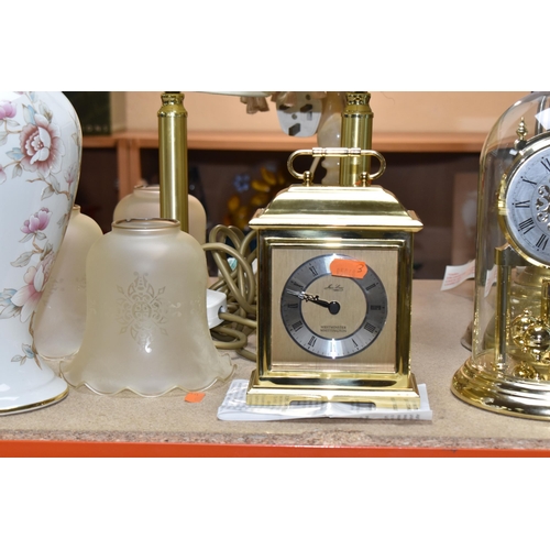 378 - A COLLECTION OF LAMPS, CLOCKS AND MISCELLANEOUS, to include, vintage brass column oil lamp with chim... 